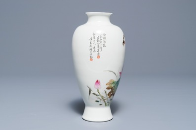 A Chinese famille rose vase with a bird among flowers, Jingdezhen mark, 20th C.