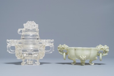 Two Chinese jade and rock crystal censers, 20th C.