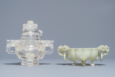 Two Chinese jade and rock crystal censers, 20th C.