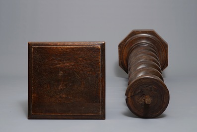 A pair of carved oak twisted pillars with Corinthian capitals, 18th C.