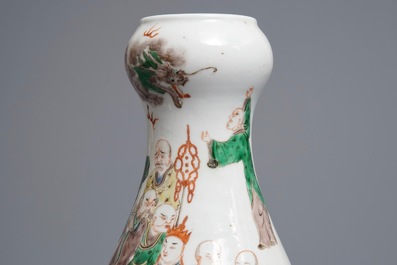 A Chinese famille verte pear-shaped bottle vase with Luohans, 19th C.