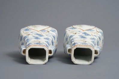 A pair of Chinese famille rose fanghu vases with cranes, Qianlong marks, 19/20th C.