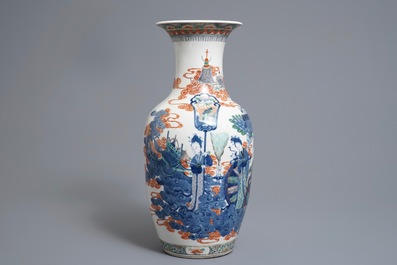 A Chinese famille verte vase and a famille rose bowl, 19th C.