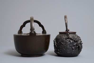 Two Japanese cast iron and bronze tetsubin kettles, Meiji, 19th C.