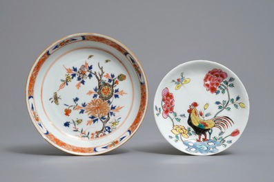 Two Chinese famille rose and verte-Imari cups and saucers, Kangxi/Qianlong