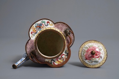 A Chinese Canton enamel teapot and cover with insects, birds and flowers, Qianlong