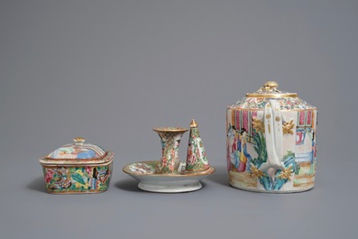 A Chinese Canton famille rose teapot, a candle holder and box and cover, 19th C.