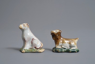 Deux miniatures d'un chien et d'une ch&egrave;vre en fa&iuml;ence polychrome de Delft, 18&egrave;me