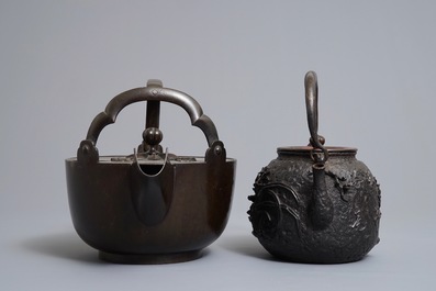 Two Japanese cast iron and bronze tetsubin kettles, Meiji, 19th C.