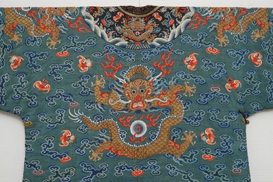 A Chinese embroidered turquoise-ground five-clawed dragon robe, 'jifu', 19th C.