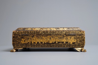 A Chinese Canton export lacquer games box with contents, 18/19th C.