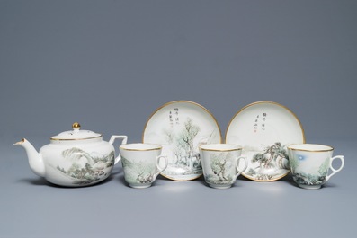 A Chinese qianjiang cai teapot, three cups and two saucers, Republic, 1st half 20th C.