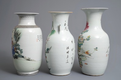 Three Chinese famille rose and qianjiang cai vases, 19/20th C.