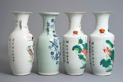 Quatre vases en porcelaine de Chine famille rose et bleu et blanc, 19/20&egrave;me