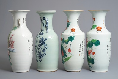 Quatre vases en porcelaine de Chine famille rose et bleu et blanc, 19/20&egrave;me