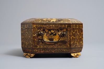 A massive Chinese Canton export lacquer tray and a sewing box, 18/19th C.