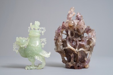 Two Chinese jade and amethyst covered vases and two bowls, 20th C.