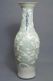 A massive Chinese relief-decorated celadon 'dragon' vase, 19th C.