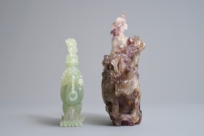 Two Chinese jade and amethyst covered vases and two bowls, 20th C.