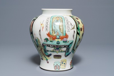 A Chinese famille verte vase with figures in a temple, Kangxi mark, 19th C.