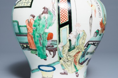 A Chinese famille verte vase with figures in a temple, Kangxi mark, 19th C.