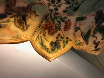 A pair of Chinese famille verte lotus-shaped plates, Kangxi