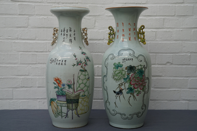 Two Chinese famille rose two-sided design vases, 19/20th C.