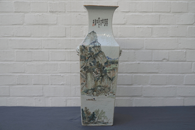 A square Chinese qianjiang cai landscape vase, Wang Youtang, early 20th C.