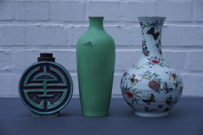 Three Chinese famille rose vases, two with Qianlong marks, 19/20th C.