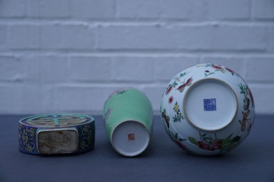 Three Chinese famille rose vases, two with Qianlong marks, 19/20th C.