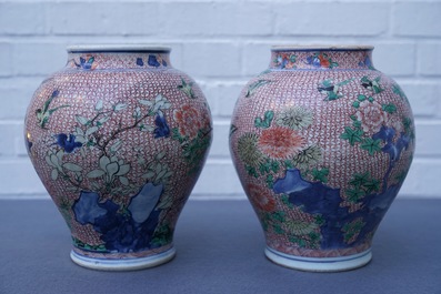 A pair of Chinese wucai jars with birds and flowers, Transitional period