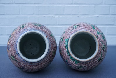 A pair of Chinese wucai jars with birds and flowers, Transitional period