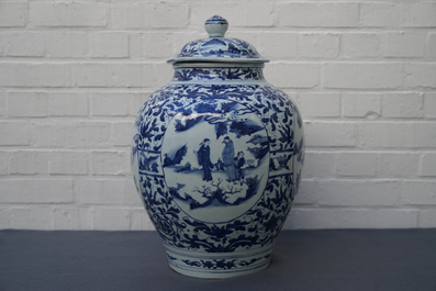 A large Chinese blue and white vase and cover with figurative medallions, Wanli, Ming