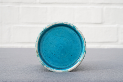 A Chinese monochrome turquoise-glazed brush pot and a plate, Kangxi