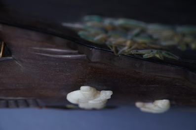 A Chinese cloisonn&eacute; and jade-embellished carved wood and lacquer panel, 18th C.