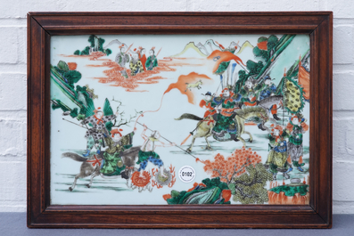 A fine rectangular Chinese famille verte plaque, 19th C.