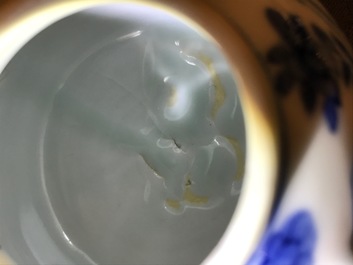 Een Chinese blauwwitte theepot met lange Lijzen, Kangxi