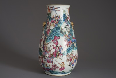 A large Chinese famille rose hu vase with warrior scenes, 19th C.