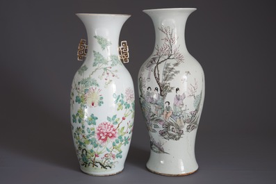 Two Chinese famille rose and qianjiang cai vases, 19/20th C.