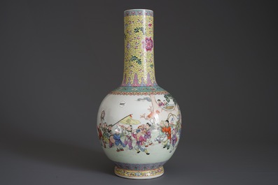 A Chinese famille rose 'playing boys' vase, Qianlong mark, 20th C.