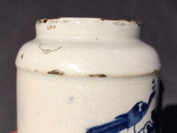 A pair of Dutch Delft blue and white drug jars with brass lids, 18th C.