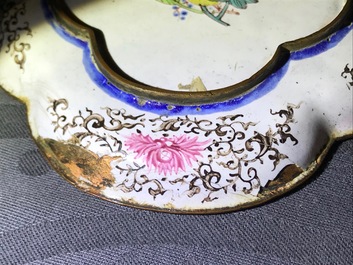 A Chinese Canton enamel quatrefoil 'Europeans' dish, Qianlong