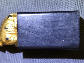 Eight Chinese parcel-gilt ink stones shaped as seals in display box, 18/19th C.