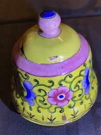 A Chinese yellow ground Canton enamel ewer and cover, 18/19th C.