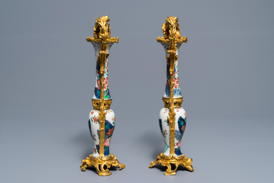 Four Chinese ormolu-mounted famille rose 'tobacco leaf' vases remodeled as two, Qianlong