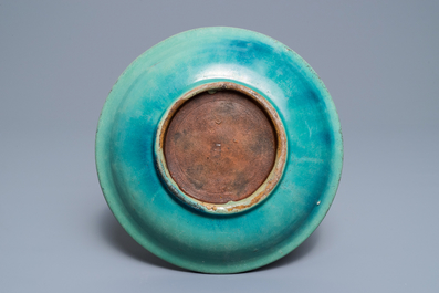 A Chinese Shiwan flamb&eacute;-glazed turquoise and blue dish, 18/19th C.