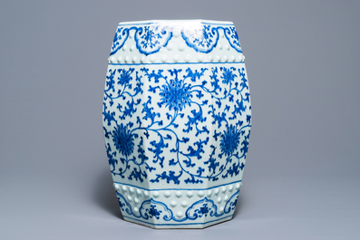 An octagonal Chinese blue and white 'lotus scroll' garden seat, Qianlong