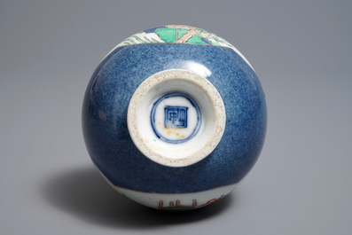 A Chinese famille verte on powder blue ground double gourd vase, 19th C.