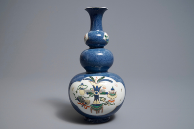 A Chinese famille verte on powder blue ground double gourd vase, 19th C.