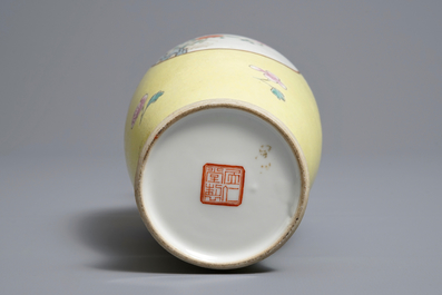 A Chinese famille rose on yellow sgraffiato ground vase, Ju Ren Tang mark, Republic, 20th C.